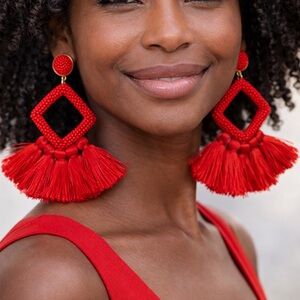 ❤️ Red Beaded Tassel Statement Earrings